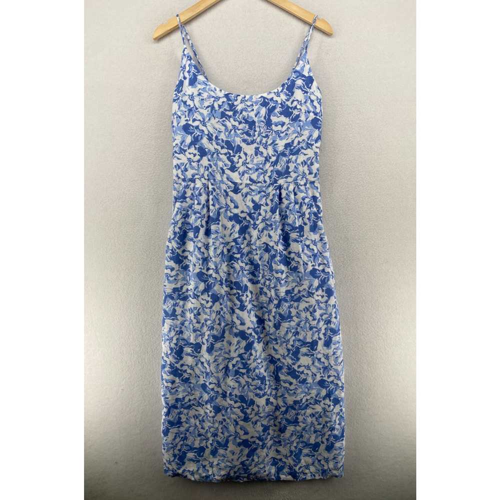 QUINCE Dress M Linen Scoop Neck Midi Sleeveless Floral Smocked Back Blue NEW - Picture 2 of 16
